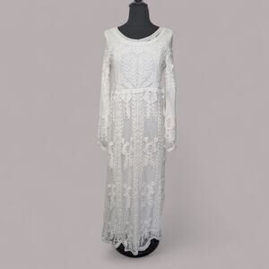 White Lace Maxi Dress S Boho Romantic Bridal Overlay Cottage Temple Orange Creek